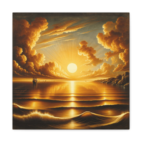A canvas art depicting a dramatic sunset with golden clouds reflected over a tranquil sea, creating a serene and majestic scene.