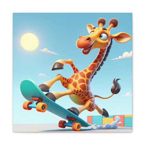 A vibrant canvas art piece depicting a joyful cartoon giraffe riding a skateboard with a whimsical expression, set against a clear blue sky and sun.