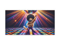 A vibrant canvas art featuring a cat with a disco hairstyle striking a dance pose on a colorful light-up dance floor under a glittering disco ball with rays of light spreading outwards.