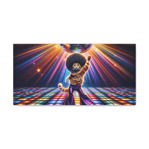 A vibrant canvas art featuring a cat with a disco hairstyle striking a dance pose on a colorful light-up dance floor under a glittering disco ball with rays of light spreading outwards.