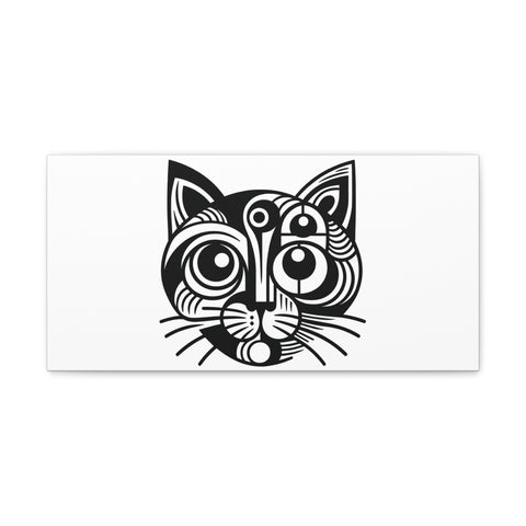 A black and white canvas art featuring a stylized, abstract depiction of a cat's face with concentric circles and curved lines creating a hypnotic effect.