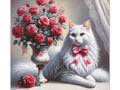 A canvas art featuring a white fluffy cat with a pink bow sitting beside a vase filled with blooming red roses.