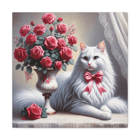 A canvas art featuring a white fluffy cat with a pink bow sitting beside a vase filled with blooming red roses.