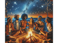 A canvas art depicting a group of joyful friends sitting around a bonfire on the beach at night, with a mesmerizing backdrop of a starry sky.