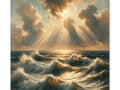 A canvas depicting a dramatic seascape scene with sunlight piercing through storm clouds, illuminating the crests of tumultuous dark waves.