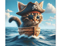 A whimsical canvas art depicting a cute kitten dressed as a pirate, wearing an eye patch and a hat with a skull and crossbones, sailing the ocean in a nutshell boat.