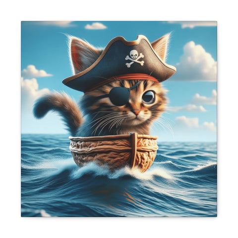 A whimsical canvas art depicting a cute kitten dressed as a pirate, wearing an eye patch and a hat with a skull and crossbones, sailing the ocean in a nutshell boat.