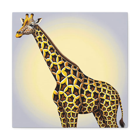 A canvas art showcasing a stylized giraffe with a patterned body blending into an abstract background.