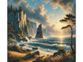 A canvas art depicting a dramatic coastal scene with towering cliffs, a vibrant sunset sky, and wild waves crashing against the shore, accompanied by soaring birds.