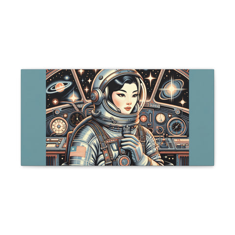 A canvas art piece depicting a stylized female astronaut with a reflective visor in a detailed space suit, set against a background filled with celestial elements and spacecraft control panels.