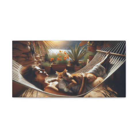A serene canvas art portraying a woman and her cat enjoying a peaceful moment together in a sunlit hammock surrounded by plants.