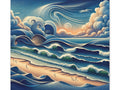 A canvas featuring a stylized ocean scene with waves and clouds in various shades of blue, created with intricate line work and gradient effects.