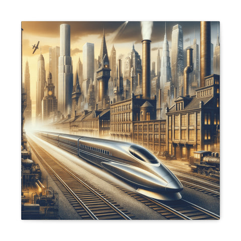 A canvas art depicting a futuristic cityscape with skyscrapers and a sleek high-speed train amidst a golden haze.