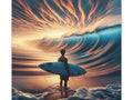 A canvas depicting a person holding a surfboard, standing at the shoreline looking at an immense wave with dramatic, fiery clouds overhead.