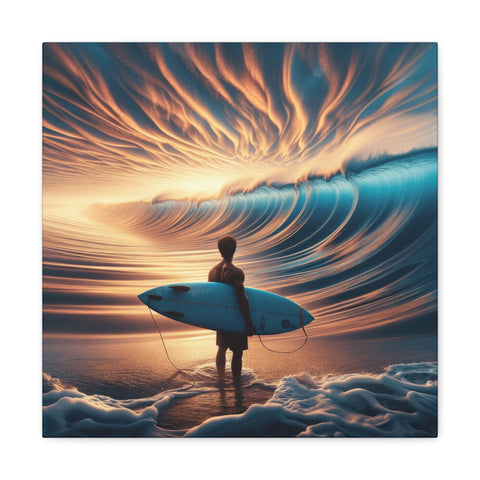A canvas depicting a person holding a surfboard, standing at the shoreline looking at an immense wave with dramatic, fiery clouds overhead.