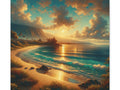 A canvas depicting a serene beach scene at sunset with gentle waves lapping the shore and a radiant sun casting warm hues across the sky and water.