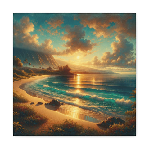 A canvas depicting a serene beach scene at sunset with gentle waves lapping the shore and a radiant sun casting warm hues across the sky and water.