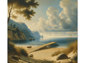 A serene canvas art depicting a tranquil beach scene with a pier, fluffy clouds in the sky, and tall cliffs in the background as seen through a foreground of trees and dune grass.