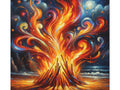 A vibrant, fiery canvas depicting a stylized tree with swirling flames for branches against a dynamic backdrop of stars and moonlit clouds.