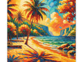 A vibrant canvas art depicting a stylized tropical beach scene with palm trees, a colorful sky, and a textured ocean at sunset.