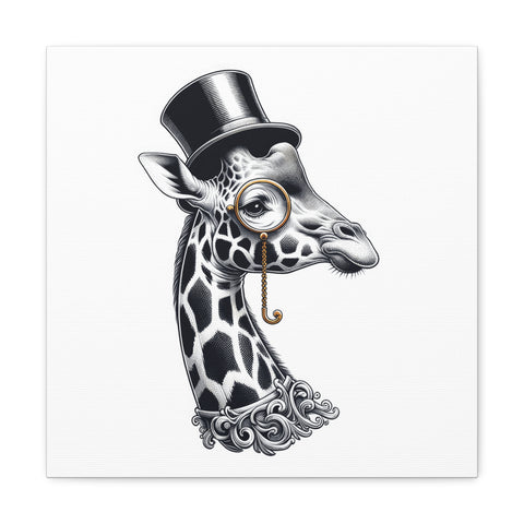 A whimsical canvas art featuring a giraffe with a monocle and top hat, adorned with a styled Victorian-era mustache and beard.