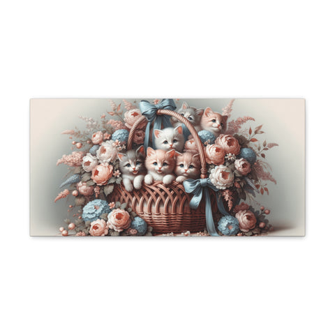 A canvas art piece depicting a whimsical scene of adorable kittens poking their heads out from a woven basket surrounded by an assortment of soft-hued flowers and ribbons.