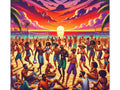 A vibrant canvas art depicting a lively beach party at sunset with people dancing, socializing, and enjoying the tropical scene under a purple and orange sky.