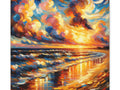 A vibrant canvas art piece depicting a colorful, impressionistic seascape with swirling clouds and a shimmering reflection of the sunset on the water.