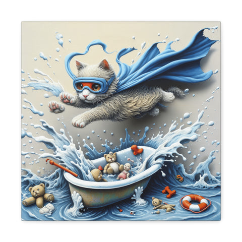 A whimsical canvas art piece featuring a cat in a superhero cape and goggles, soaring above a choppy sea where teddy bears are sailing in a bathtub.