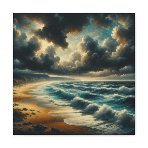 A canvas art depicting a dramatic seascape with tumultuous waves under a moody, cloud-filled sky at what appears to be dusk.