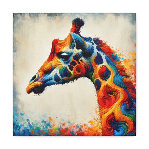 A vibrant canvas art piece featuring a colorful, abstract depiction of a giraffe with swirling patterns and splashes of paint.