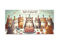 A whimsical canvas art featuring seven cats wearing party hats, with one cat blowing a party horn and a birthday cake on the table, accompanied by a playful pun "How one cat's cat is heavily inrest in a birthday party?".