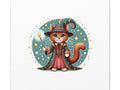 An illustrated canvas art featuring an adorable cat dressed as a wizard with a pointed hat, holding a star-tipped wand, set against a whimsical dark teal backdrop adorned with stars and moons.