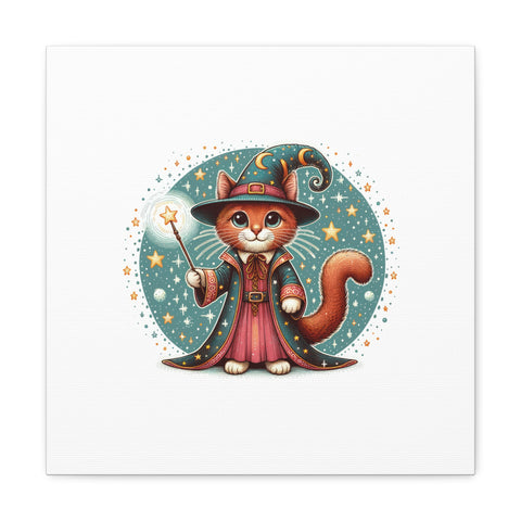 An illustrated canvas art featuring an adorable cat dressed as a wizard with a pointed hat, holding a star-tipped wand, set against a whimsical dark teal backdrop adorned with stars and moons.