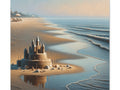 A canvas art depicting a detailed sandcastle on a serene beach with gentle waves and a hazy sky in the background.