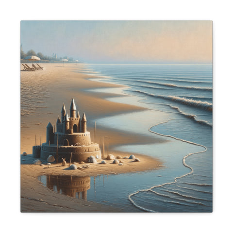 A canvas art depicting a detailed sandcastle on a serene beach with gentle waves and a hazy sky in the background.