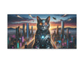 A canvas art depicting a futuristic black cat with bright red eyes, wearing high-tech armor, standing before a neon-lit cityscape with flying vehicles in the sky.