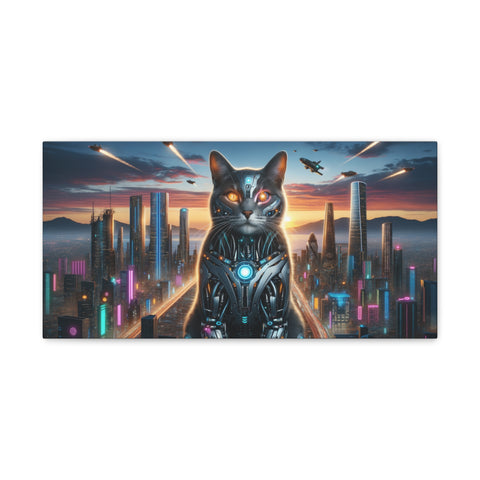 A canvas art depicting a futuristic black cat with bright red eyes, wearing high-tech armor, standing before a neon-lit cityscape with flying vehicles in the sky.