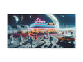 A canvas art piece depicting a vibrant retro diner bustling with activity on a lunar surface against a backdrop of space with planets and stars.