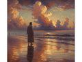 A solemn figure stands on a beach, gazing at a dramatic sunset with fiery clouds reflected on the water's surface, captured on canvas.