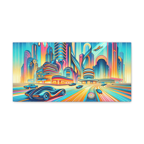 A vibrant canvas art featuring a neon-lit, futuristic cityscape with stylized buildings and sleek cars zooming along radiating light trails.