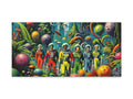 A vibrant canvas art piece depicting four astronauts exploring a colorful and fantastical alien landscape teeming with exotic plants and creatures.