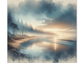 A canvas art portraying a serene landscape with a misty forest by a calm lake under a sky with soft hues of blue and orange at sunrise or sunset.