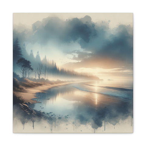 A canvas art portraying a serene landscape with a misty forest by a calm lake under a sky with soft hues of blue and orange at sunrise or sunset.
