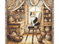 A canvas art depicting a calico cat sitting elegantly on a wooden chair in a cozy vintage kitchen filled with pottery, plants, and intricately patterned textiles.