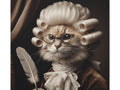 A whimsical canvas art piece depicting a cat with a vintage hairstyle in hair rollers, adorned with glasses and an elegant cravat, holding a quill pen.