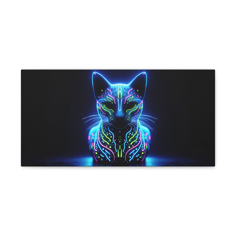 A canvas art of a neon-lit, futuristic cat with intricate light patterns glowing against a dark background.