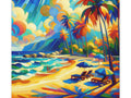 A vibrant canvas art piece depicting a colorful beach scene with swirling skies, palm trees, and deck chairs in a dynamic, Van Gogh-inspired style.