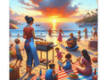 A canvas art depicting a vibrant beach scene at sunset with people enjoying a barbecue, music, and play, capturing a warm and joyful ambiance.