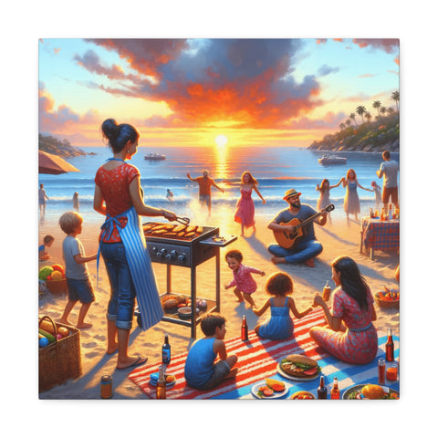 A canvas art depicting a vibrant beach scene at sunset with people enjoying a barbecue, music, and play, capturing a warm and joyful ambiance.
